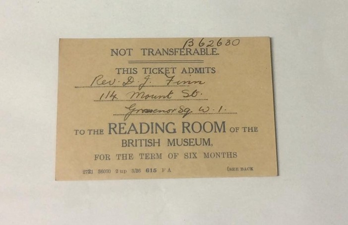 Rev Father Daniel J. Finn, S.J’s Permit Ticket to The British Museum.